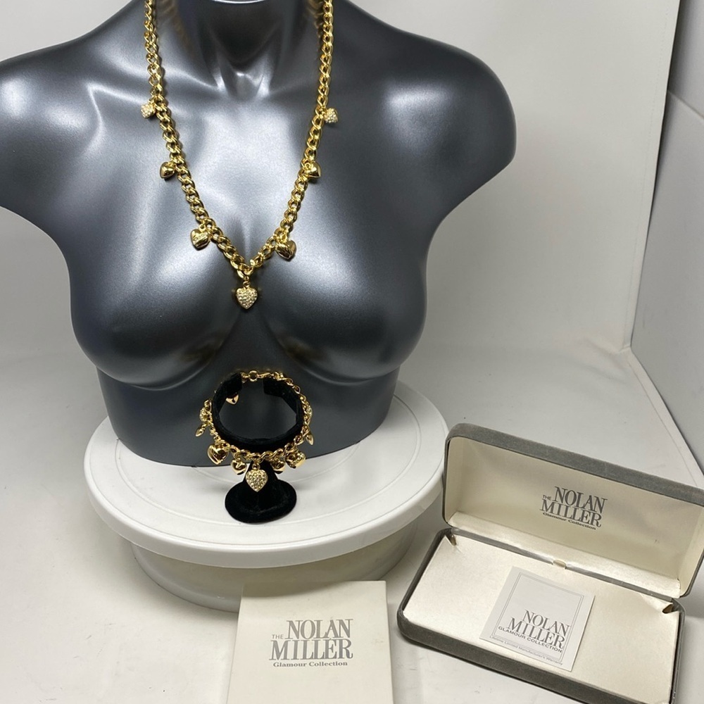 Nolan Miller Heart Charm Rhinestone Gold tone Necklace with matching bracelet